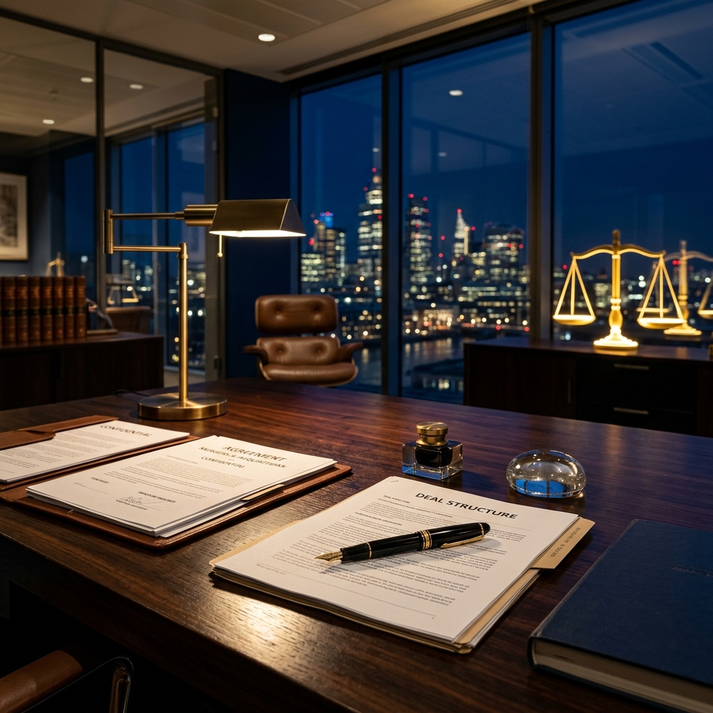 Afonso de André Advocacia Empresarial: Escritório de luxo com documentos jurídicos, balança da justiça e vista noturna da cidade, simbolizando proteção, confidencialidade e mais de 30 anos de expertise em advocacia corporativa estratégica